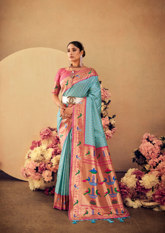 Firozi Paithani Silk Zari woven Butti Saree