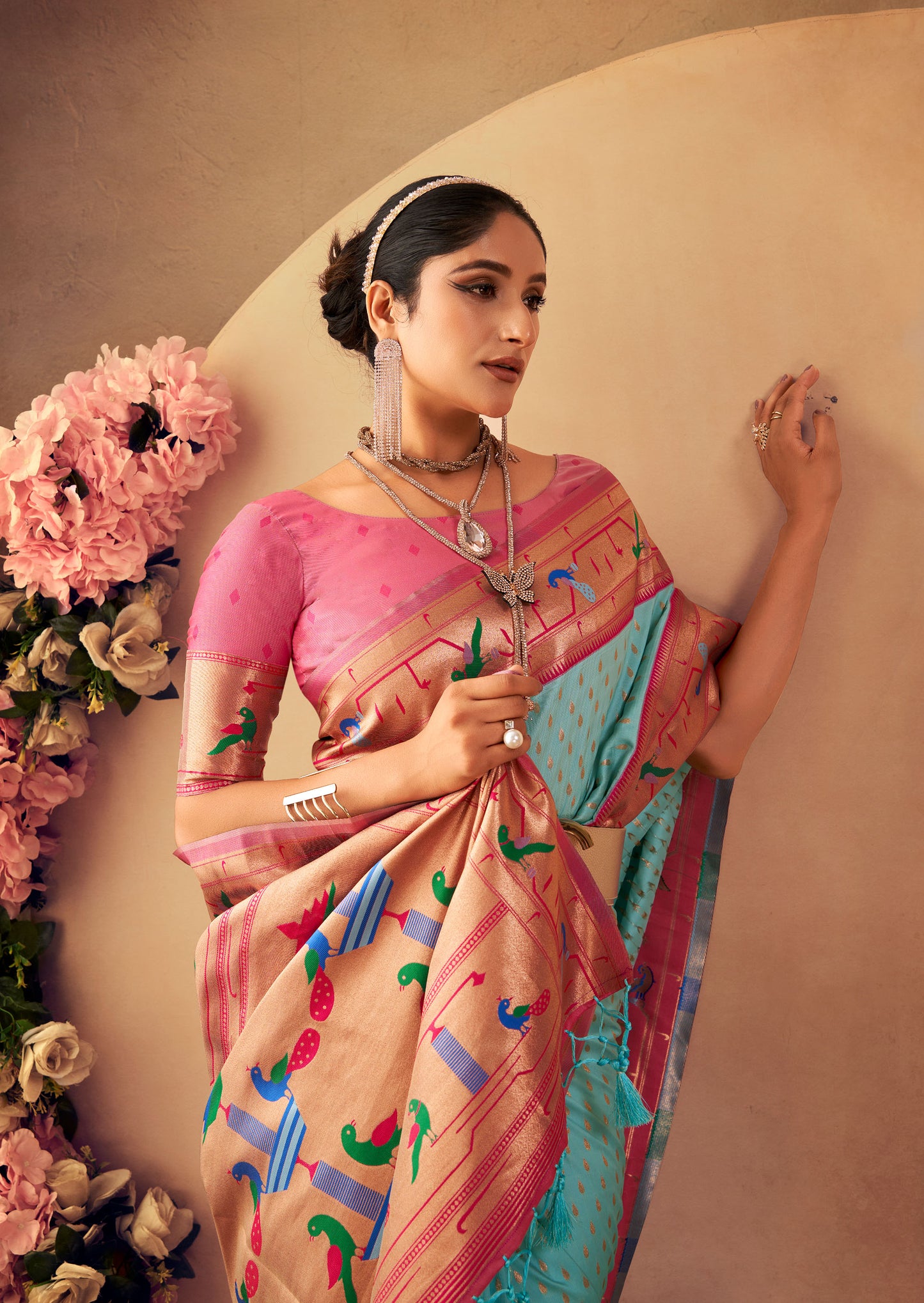 Firozi Paithani Silk Zari woven Butti Saree