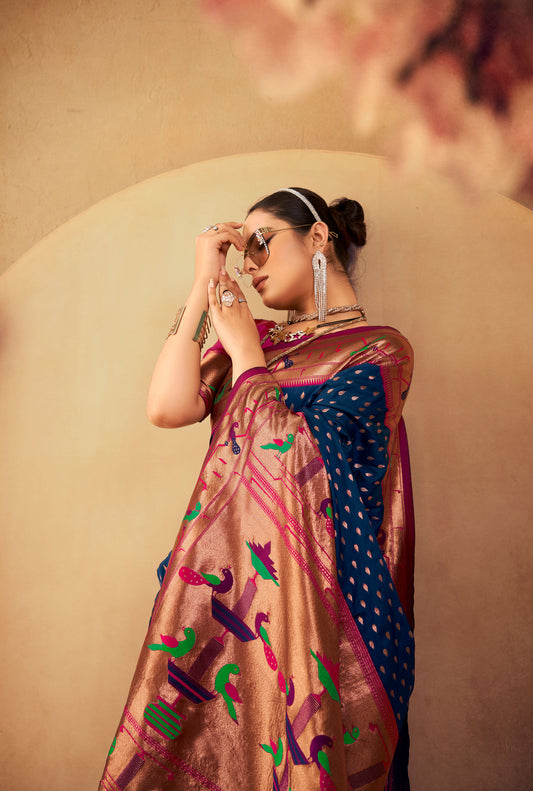 Navy Blue Paithani Silk Zari woven Butti Saree