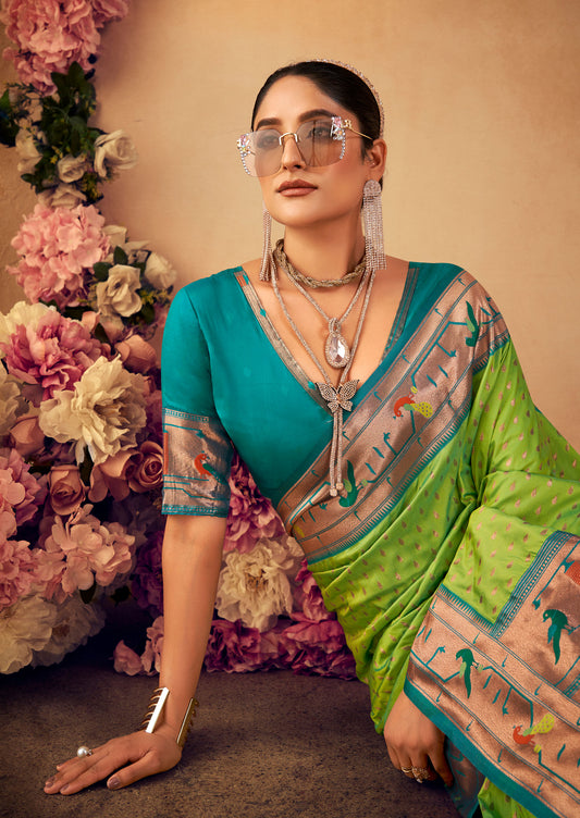 Pista Paithani Silk Zari woven Butti Saree