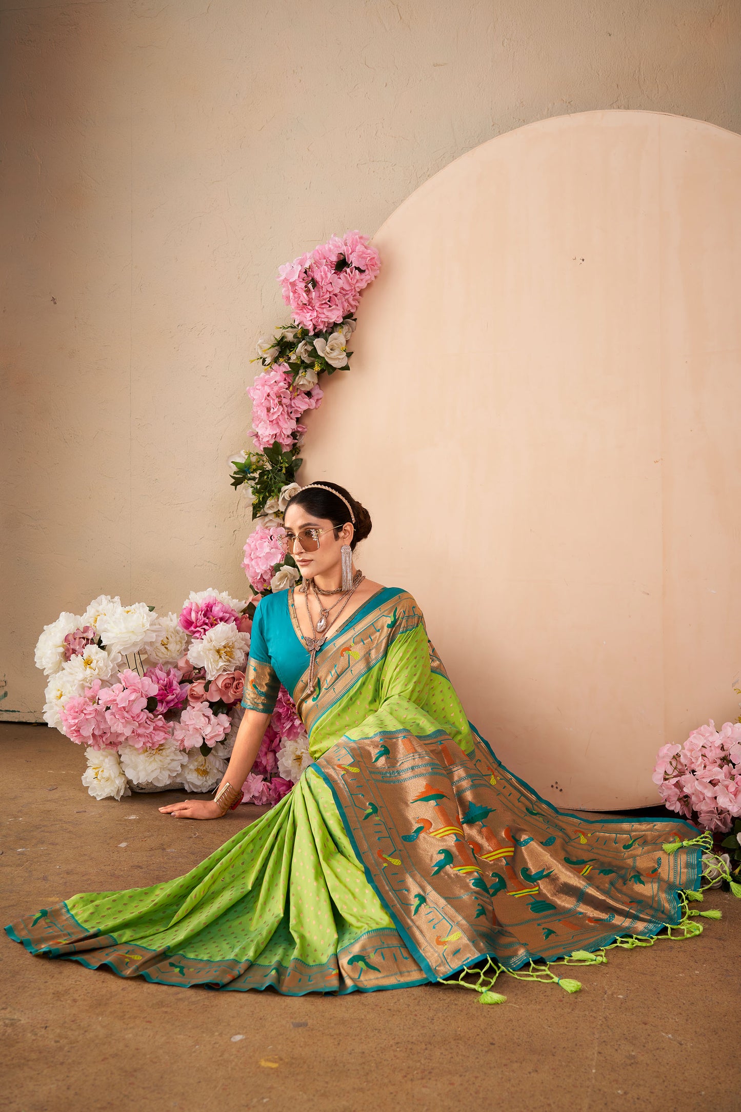 Pista Paithani Silk Zari woven Butti Saree