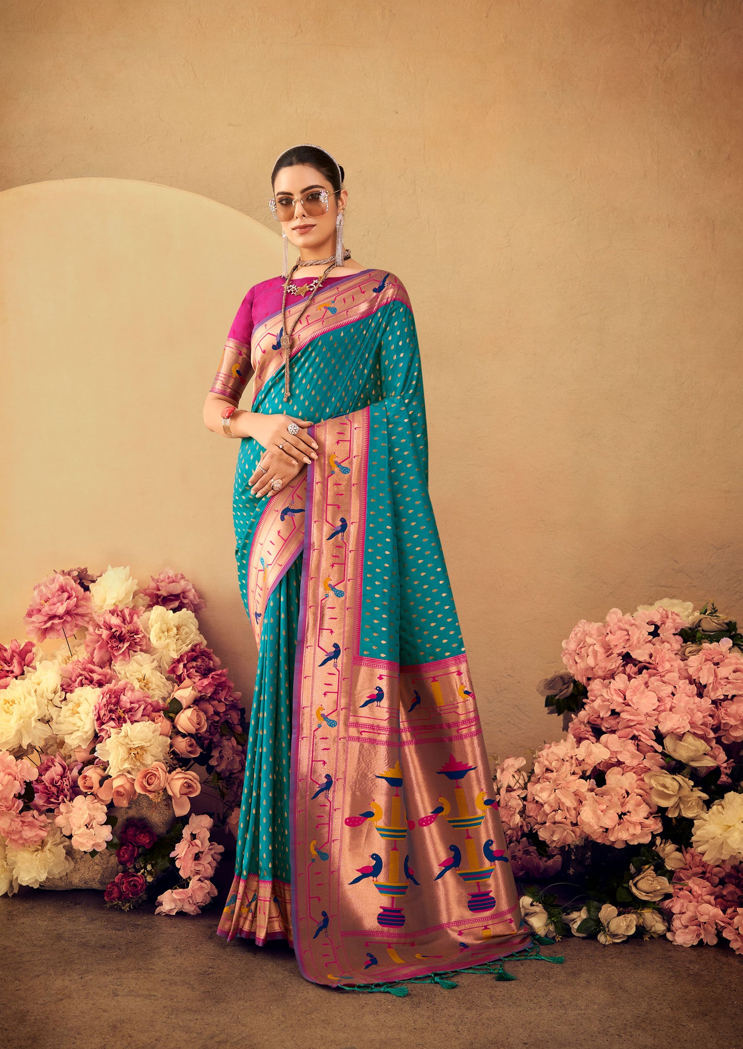 Rama Paithani Silk Zari woven Butti Saree