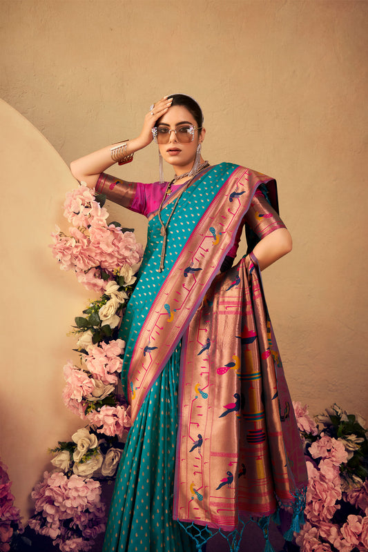 Rama Paithani Silk Zari woven Butti Saree