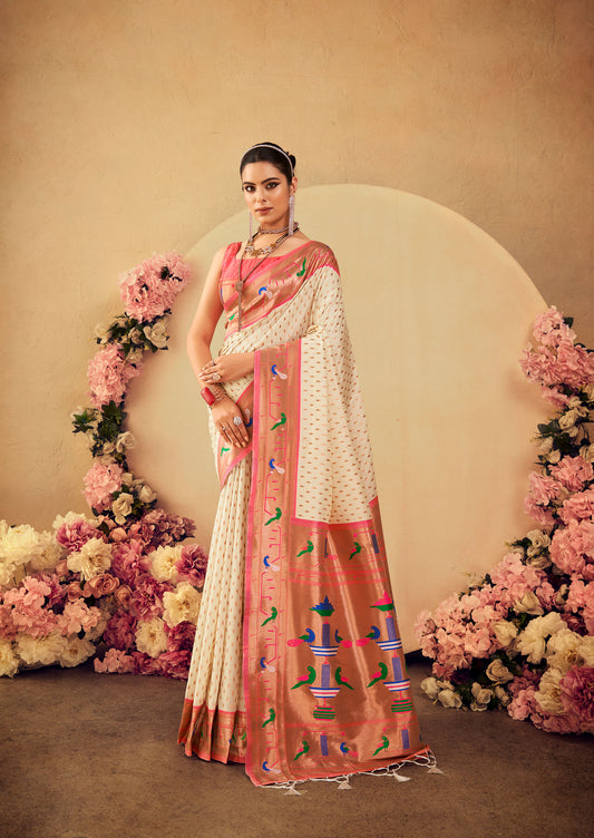 White Paithani Silk Zari woven Butti Saree