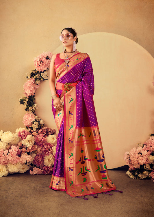 Wine Paithani Silk Zari woven Butti Saree