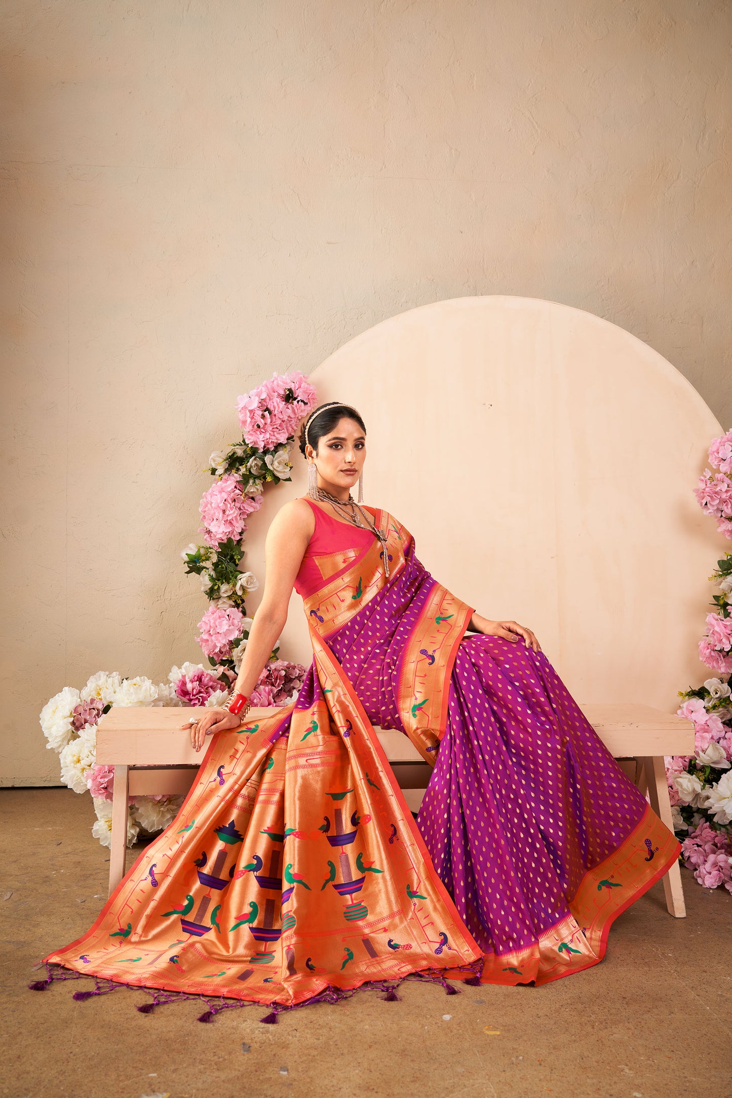 Wine Paithani Silk Zari woven Butti Saree