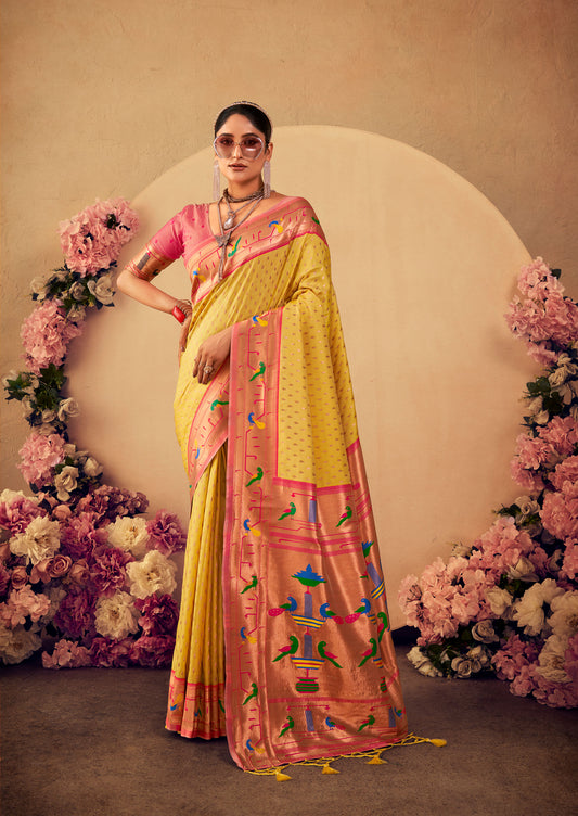 Yellow Paithani Silk Zari woven Butti Saree