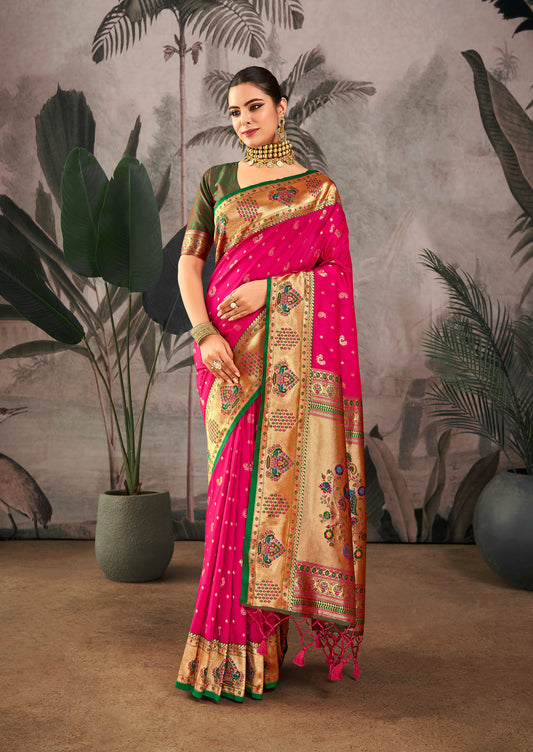 Isha Rani Pink Paithani Silk Zari woven Saree