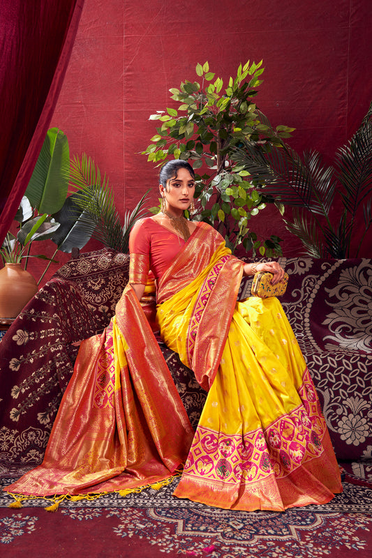 Nidhi Yellow Paithani Silk Zari woven Patola Border Saree
