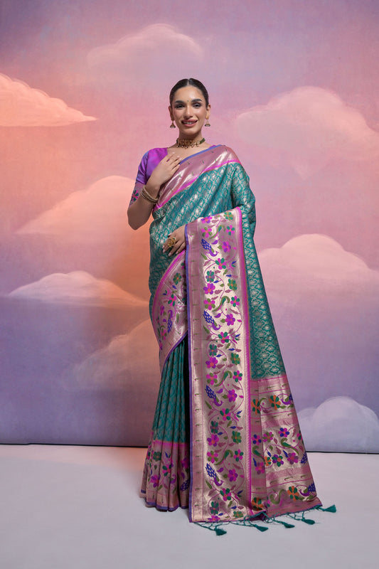 Rama Paithani Silk Meenakari Zari Woven Saree