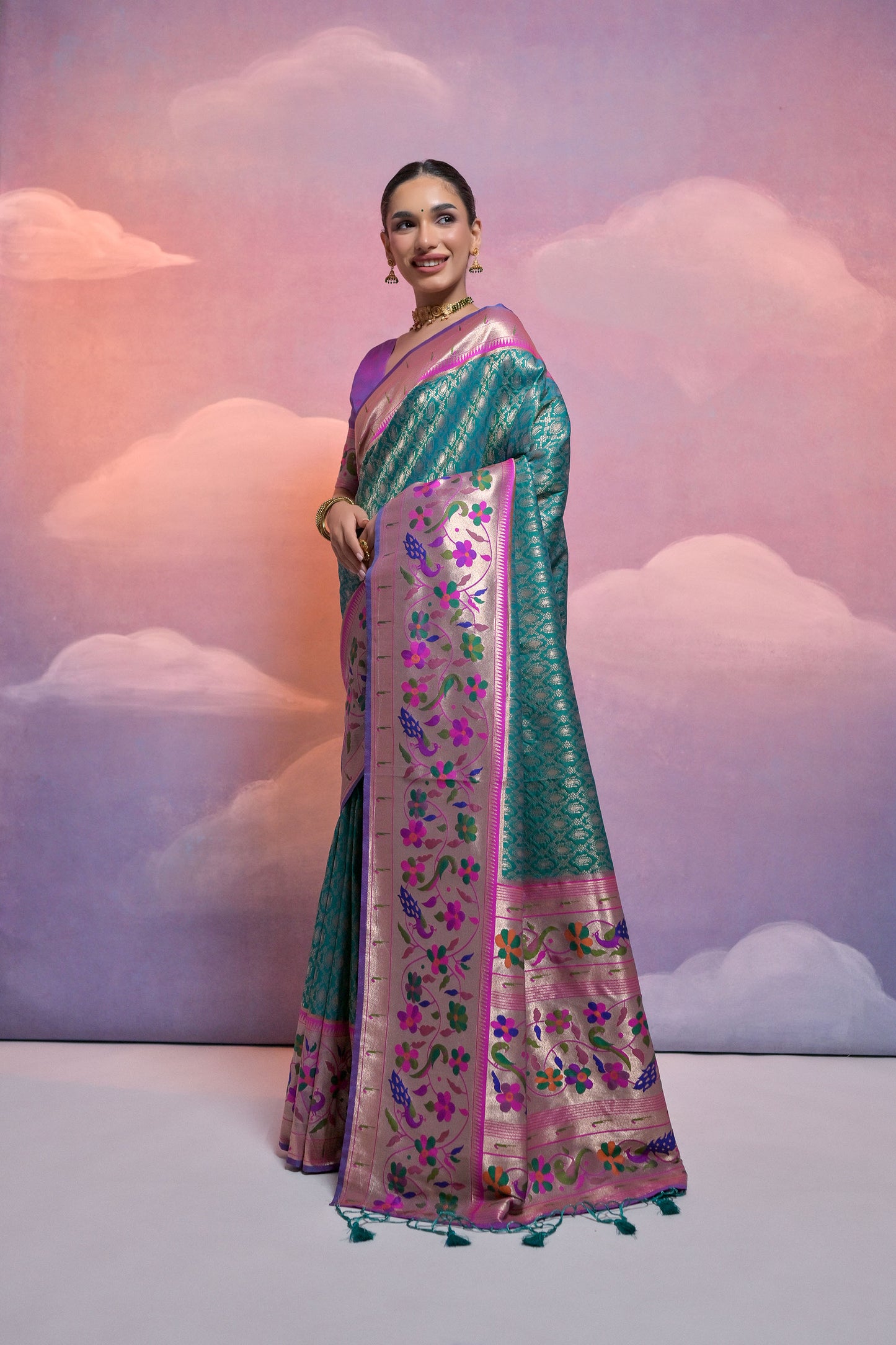 Rama Paithani Silk Meenakari Zari Woven Saree