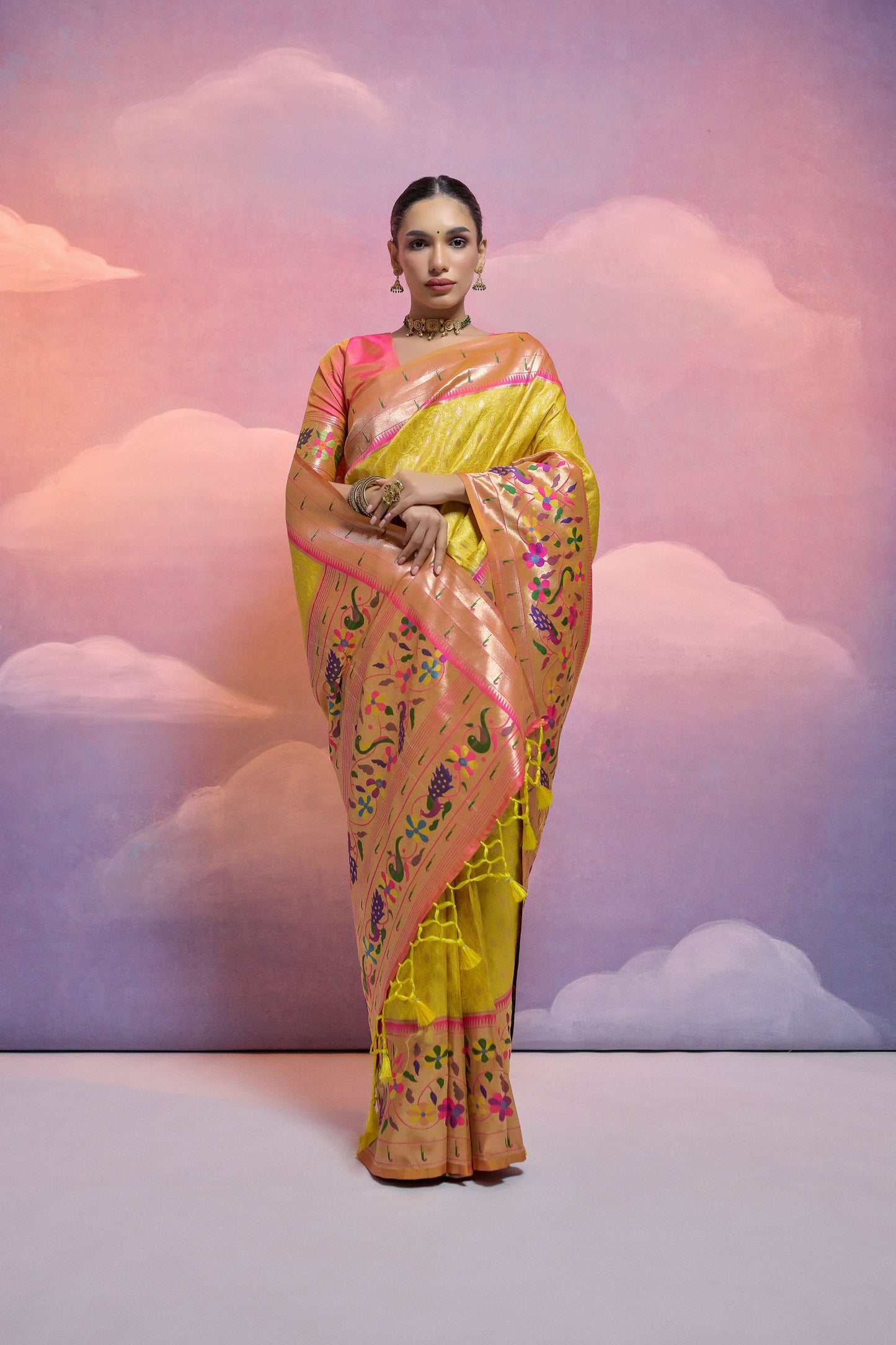 Yellow Paithani Silk Meenakari Zari Woven Saree