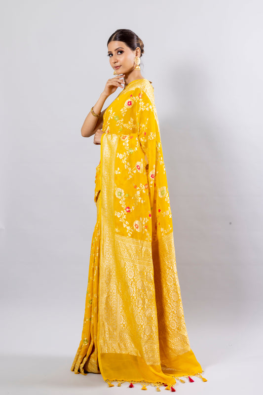 Yellow Georgette Khaddi Pure Silk Saree - Panaya