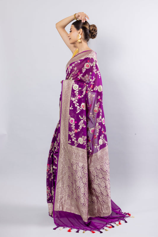 Purple Georgette Khaddi Pure Silk Saree - Panaya
