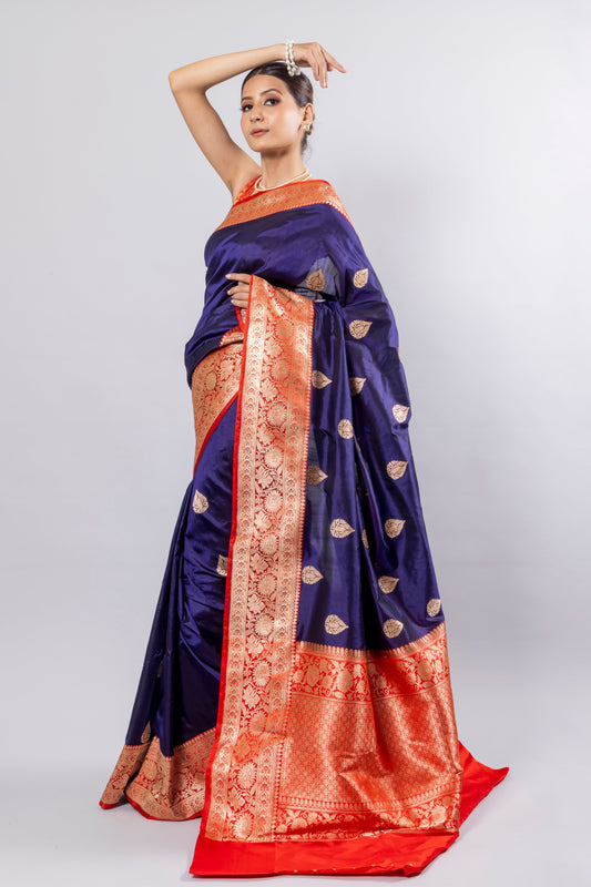 Royal Blue Handwoven Kadwa Katan Silk Saree - Panaya