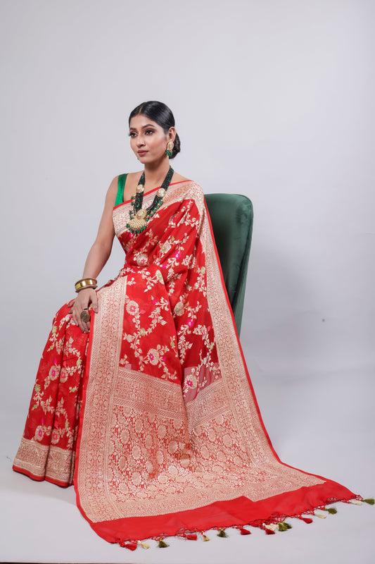 Red Georgette Khaddi Pure Silk Saree - Panaya