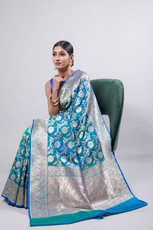 Turquoise Blue Handwoven Cutwork Katan Silk Saree - Panaya
