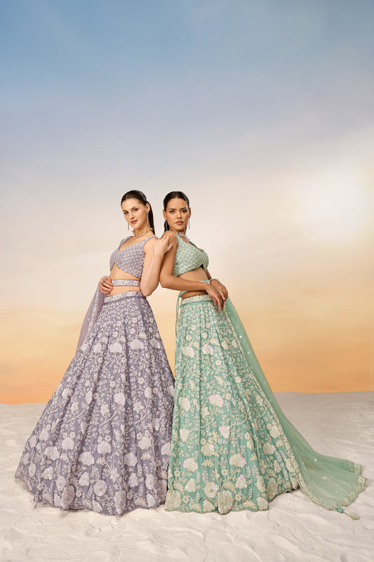Sea Green Chinon Sequins and Zarkan embroidery Lehenga