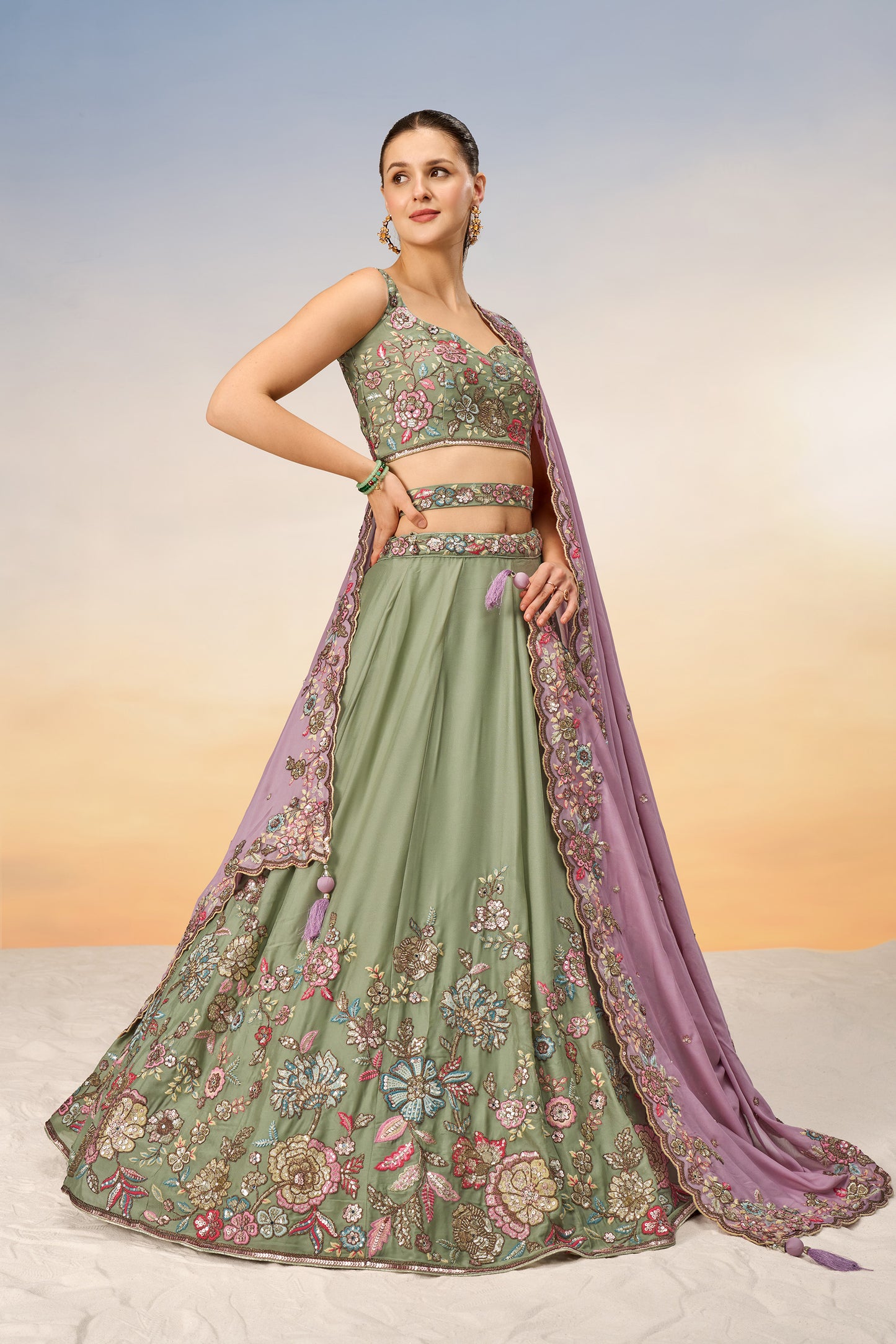 Lime Green Pure Georgette Mirror with Sequins embroidery Semi-Stitched Lehenga choli & Dupatta