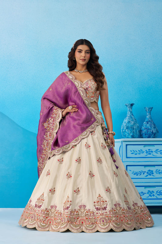 Cream Tissue Gota & Sequins Embroidered Lehenga with Purple Dupatta for Sangeet