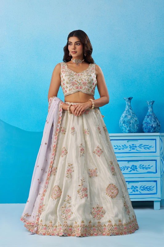 Lime Green Tissue Sequins & Zari Embroidered Wedding Guest Lehenga