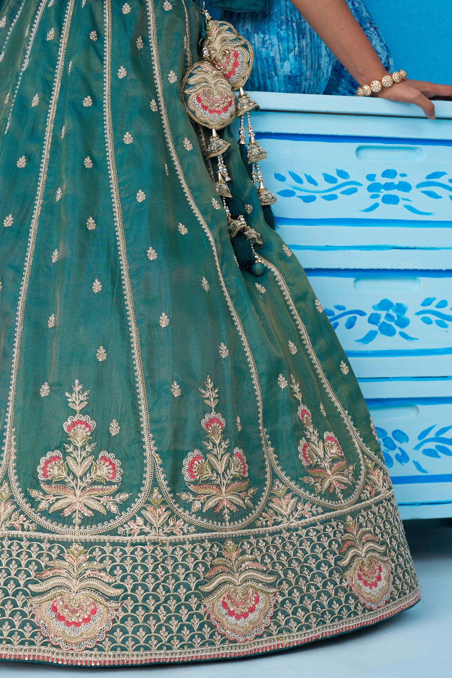Teal Green Tissue Beads & Sequins Embroidered Bridesmaid Lehenga