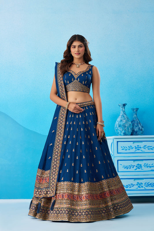 Teal Blue Chinnon Silk Sequins, Thread & Zari Embroidered Lehenga Choli