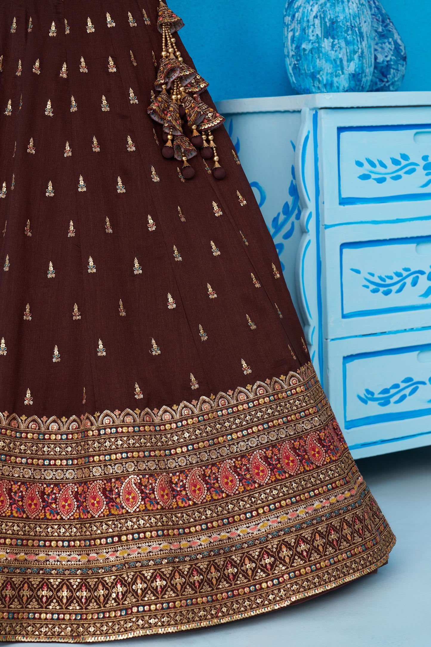 Brown Chinnon Silk Sequins, Thread & Zari Embroidered Lehenga Choli
