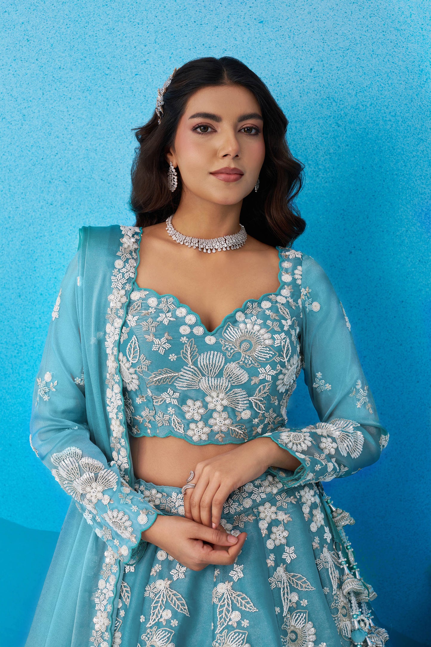 Sea Green Organza Heavy Beads & Sequins Embroidered Lehenga for Wedding