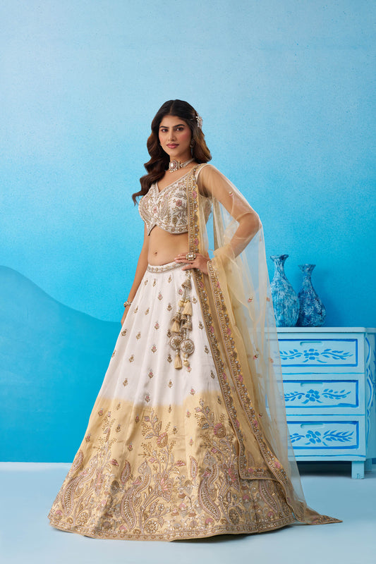 Ombre Beige and Cream Tissue Beads & Sequins Embroidered Lehenga choli