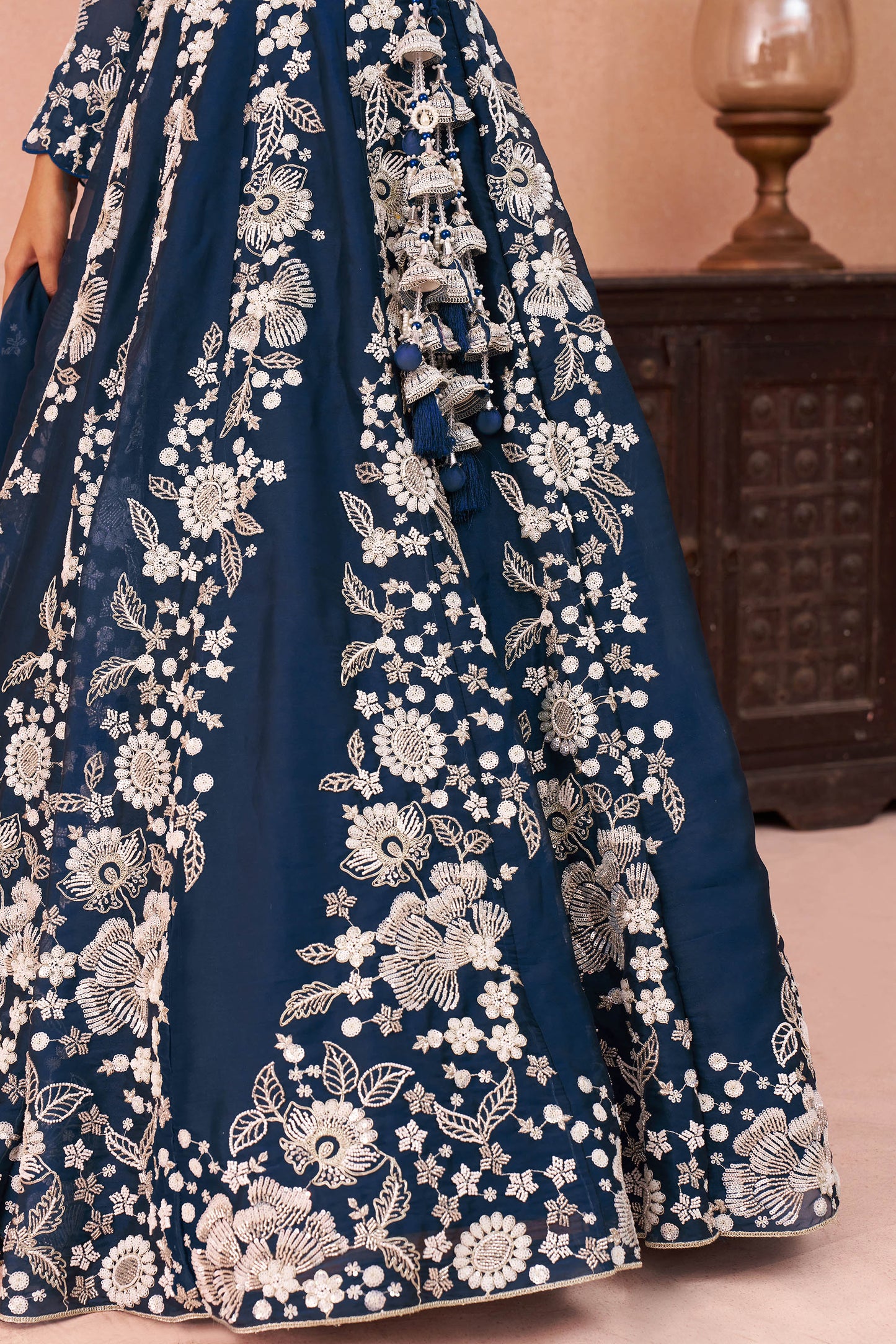 Blue Organza Heavy Beads & Sequins Embroidered Bridesmaid Lehenga