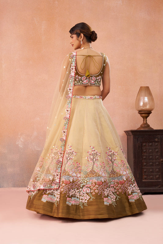 Ombre Beige and Olive Net Sequins Work Lehenga Choli for Engagement