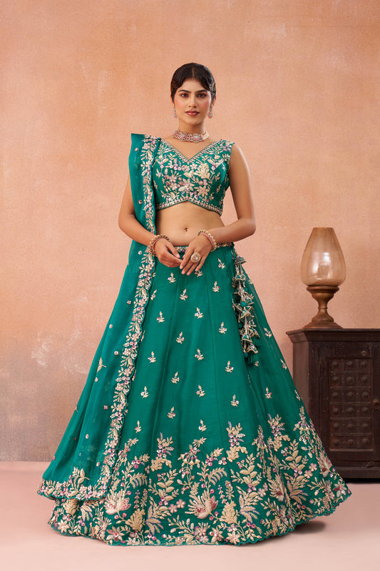 Rama Green Tissue Sequinned with Zari Embroidered Lehenga Choli
