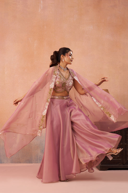 Pink Tissue Beads Embroidered Crop Top with Flared Palazzo Set for Sangeet