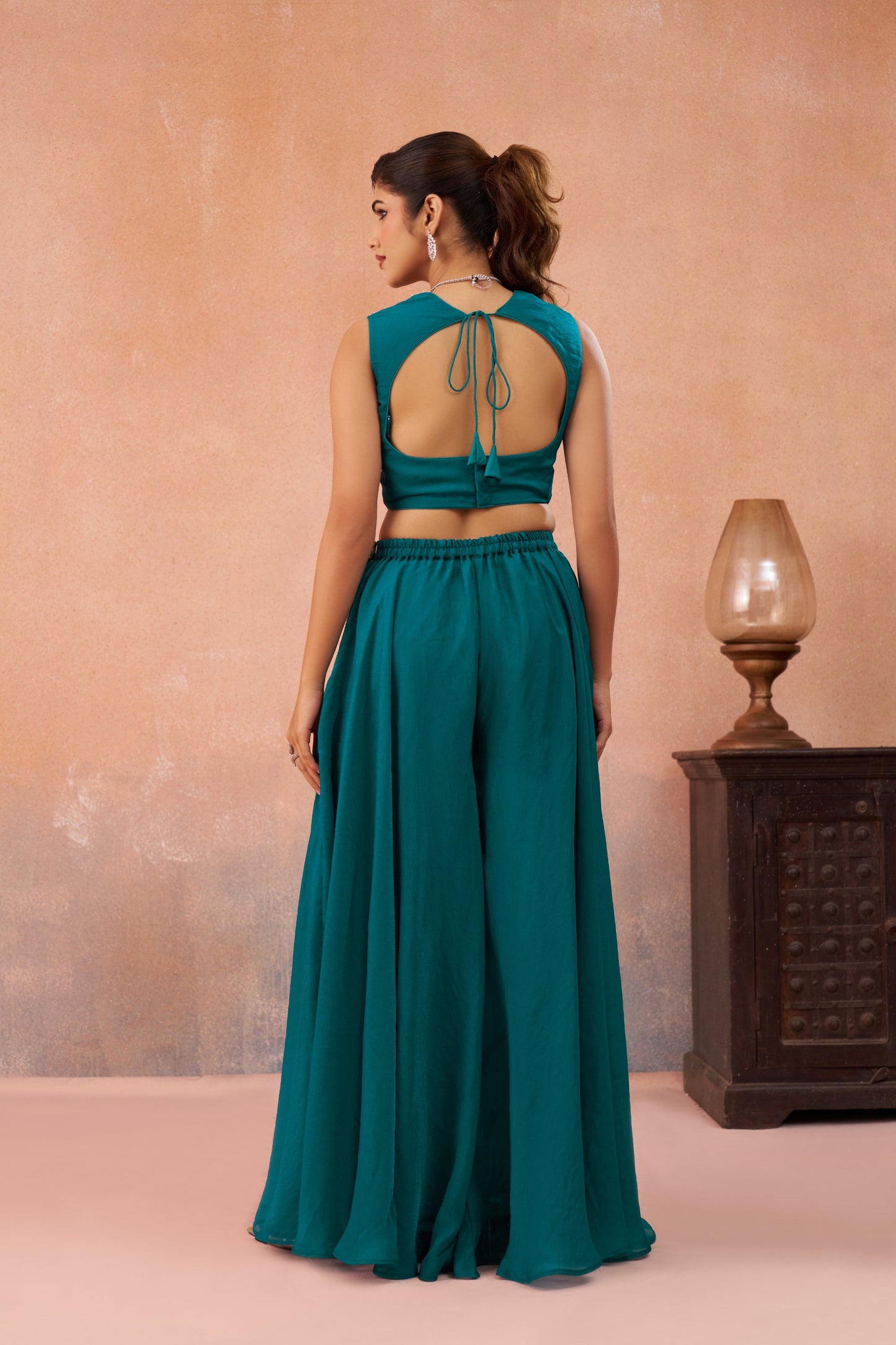 Teal Blue Organza Beads Embroidered Crop Top with Flared Palazzo Set