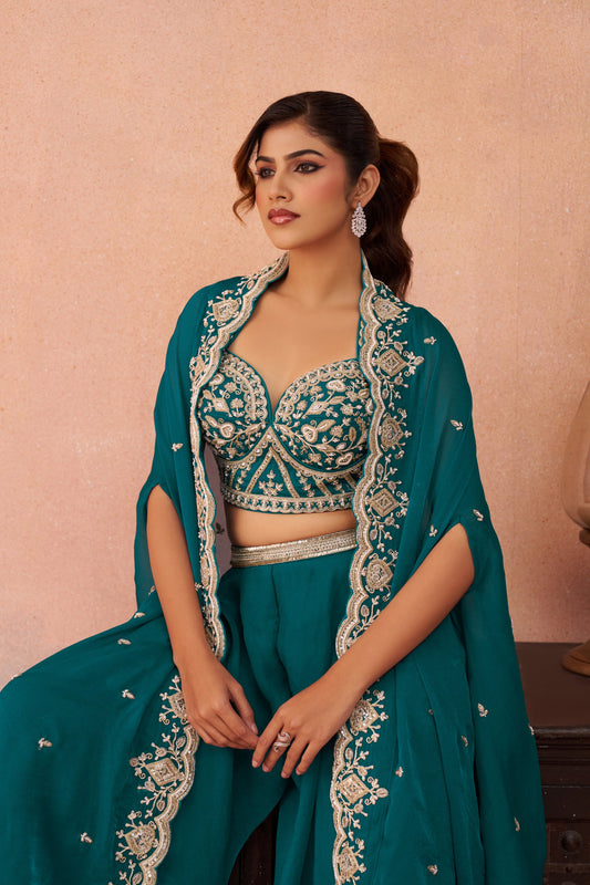 Teal Blue Organza Beads Embroidered Crop Top with Flared Palazzo Set