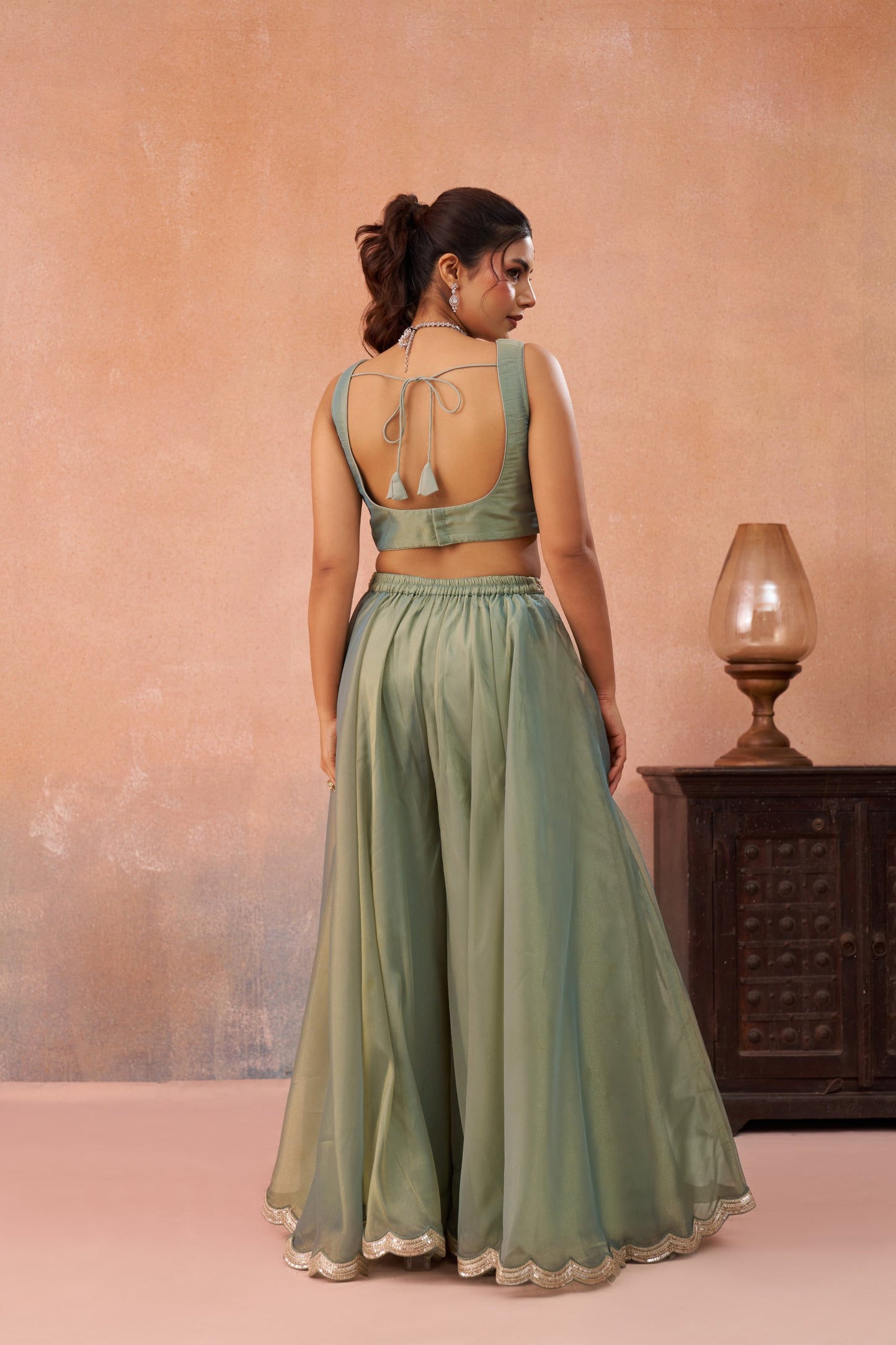 Pista Green Tissue Floral Embroidered Crop Top with Flared Palazzo Set for Mehendi