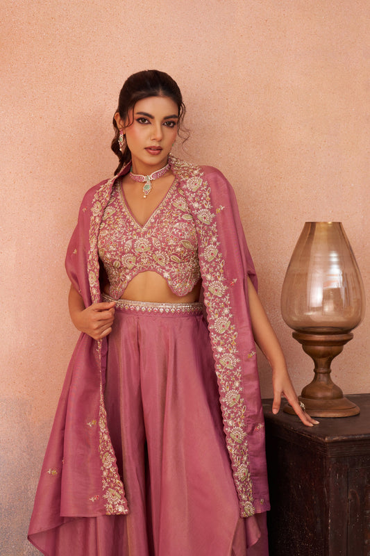 Pink Crepe Beads Embroidered Crop Top with Flared Palazzo Set