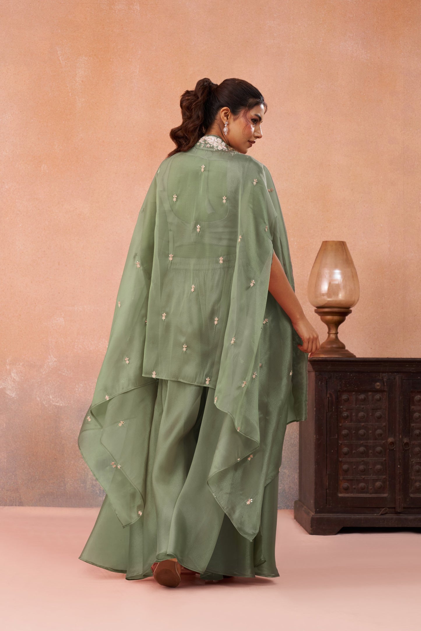 Pista Green Tissue Beads Embroidered Crop Top with Flared Palazzo Set for Mehendi