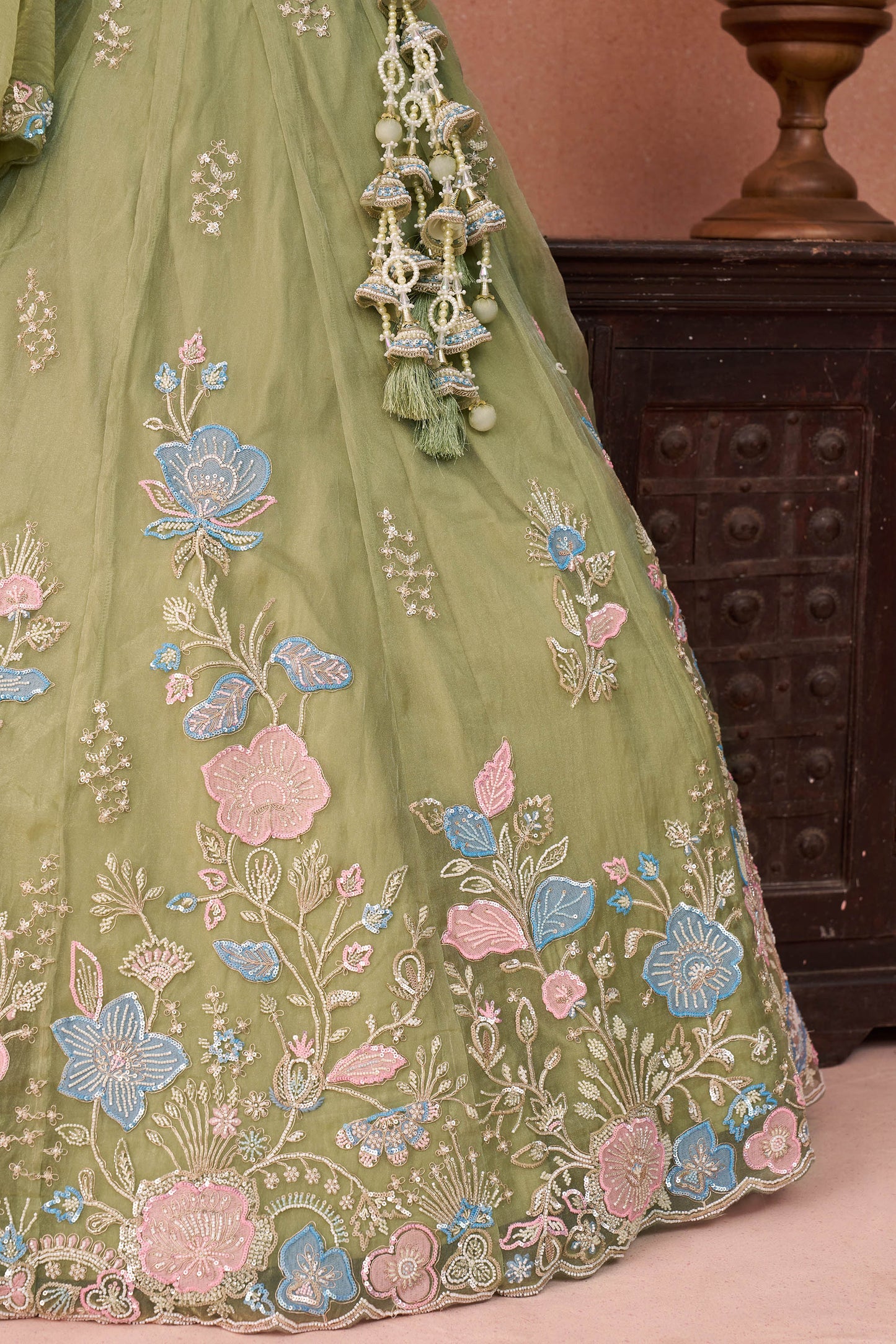 Lime Green Tissue Beads & Sequinned Floral Embroidered Bridal Lehenga for Mehendi