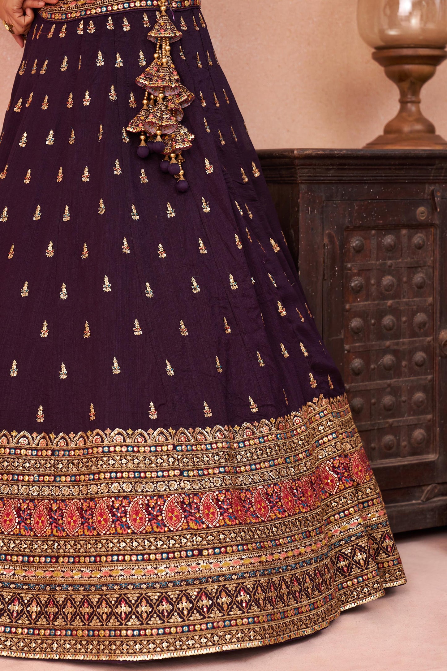 Purple Chinnon Silk Sequins, Thread & Zari Embroidered Lehenga Choli