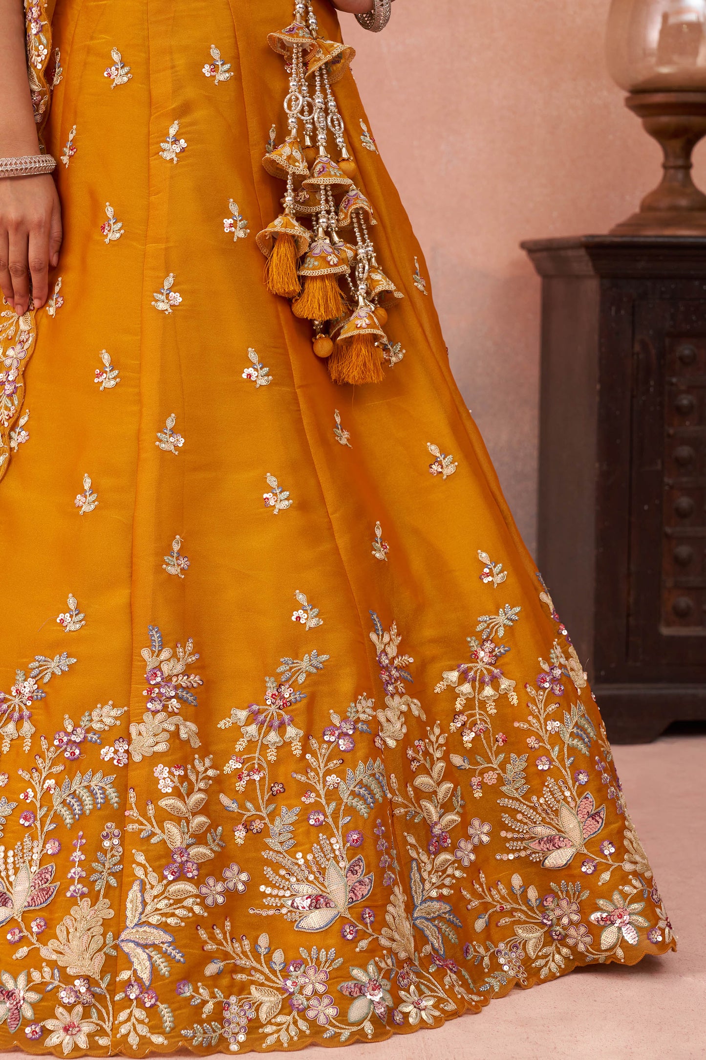 Mustard Tissue Sequinned with Zari Embroidered Haldi Lehenga