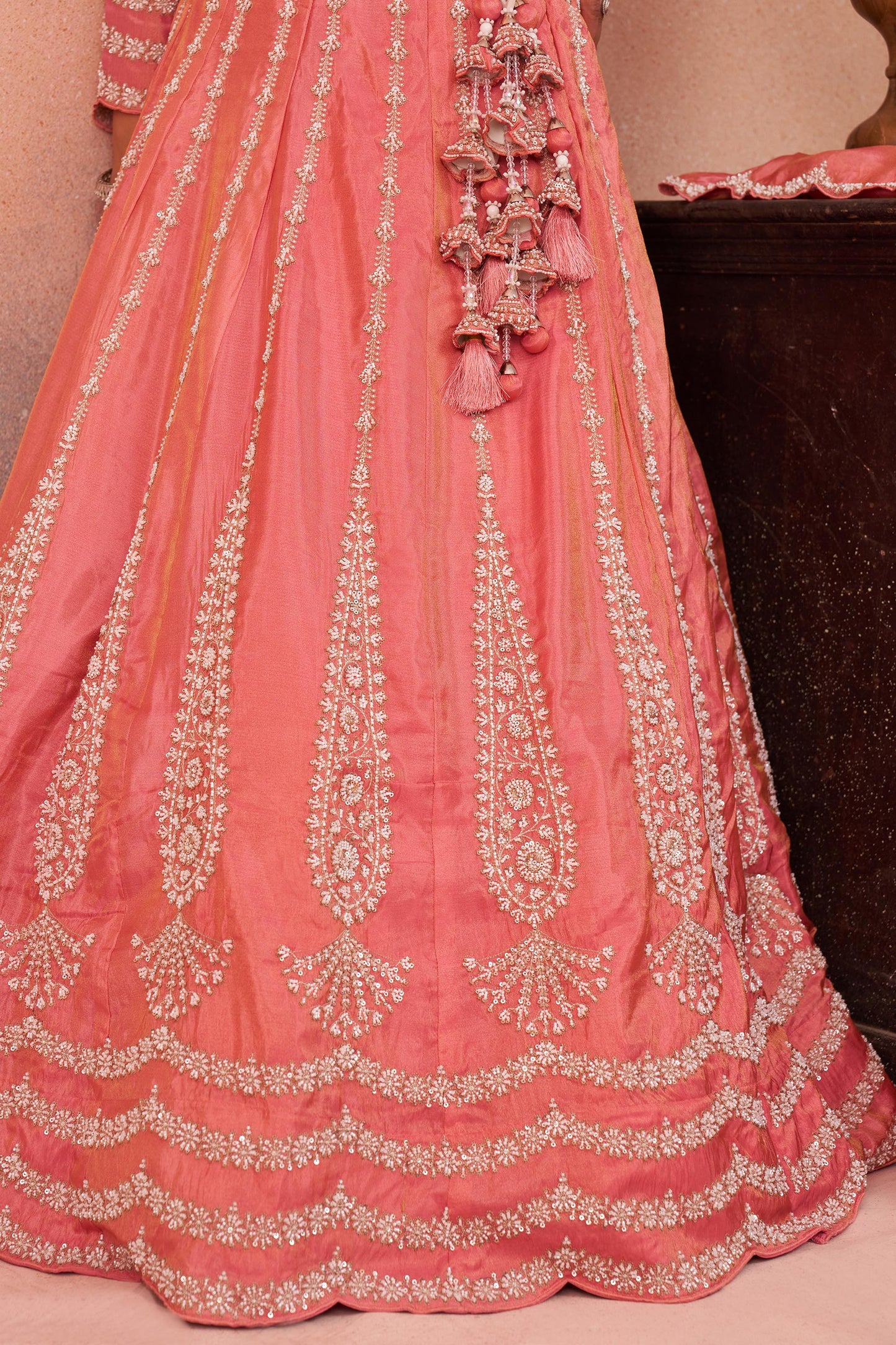 Peach Tissue Beads & Sequins Embroidered Lehenga Choli for Engagement