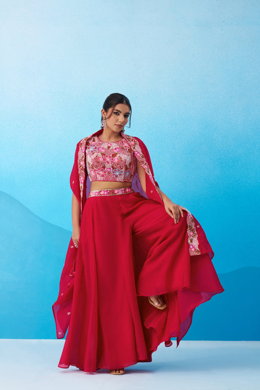 Pink Crepe Beads Embroidered Crop Top with Flared Palazzo Set for Bridesmaid