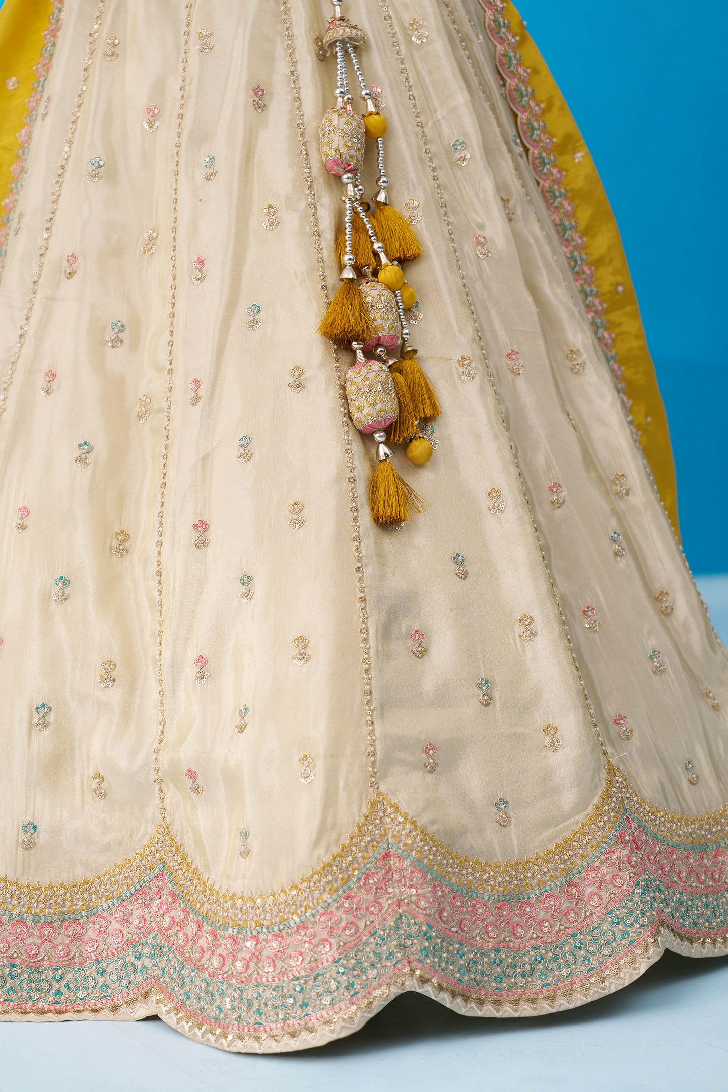 Cream & Mustard Tissue Sequins Embroidered Wedding Guest Lehenga