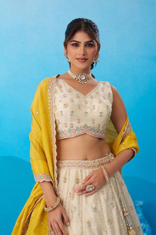 Cream & Mustard Tissue Sequins Embroidered Wedding Guest Lehenga