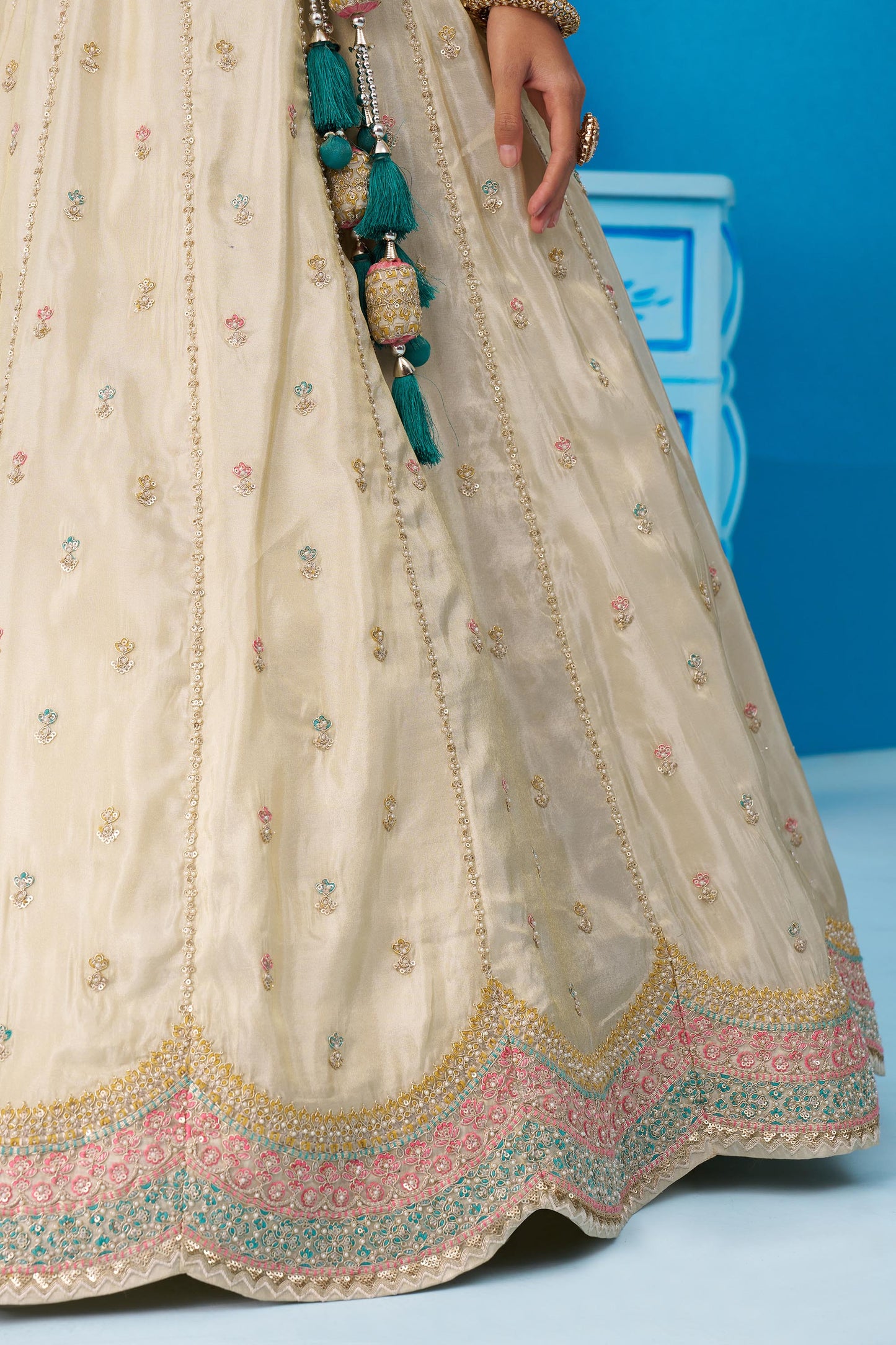 Cream & Rama Green Tissue Sequins Embroidered Lehenga for Guest