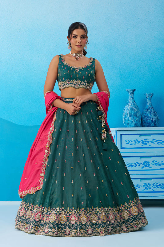 Teal Green Cosmos Silk Beads & Sequins Embroidered Lehenga