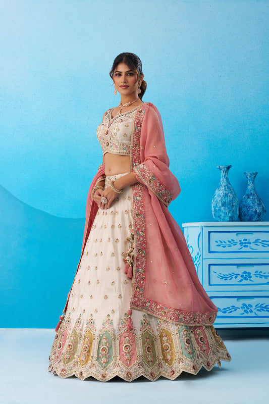 Cream & Pink Tissue Patch Work Sangeet Lehenga for Guest