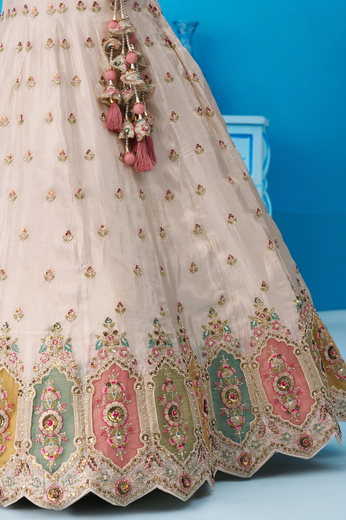 Cream & Pink Tissue Patch Work Sangeet Lehenga for Guest